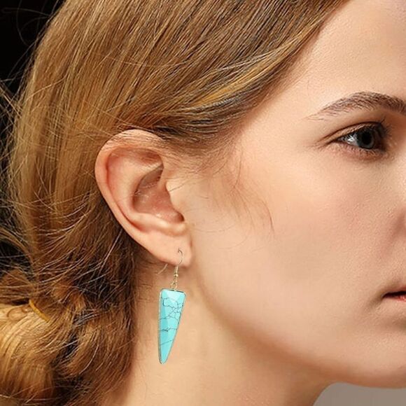 18K Yellow Gold with Natural Blue Turquoise Stone French Wire Drop Hook Earrings - Picture 4 of 6